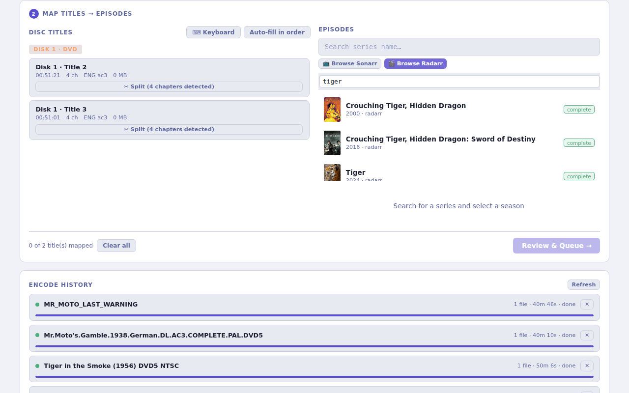 Radarr browse panel — search box filtering results to show matching movies