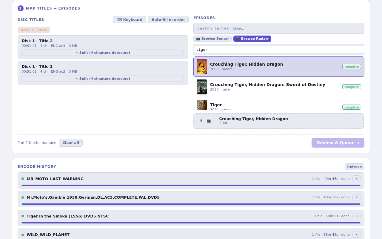Discarr: title mapping with completed drag-and-drop assignment