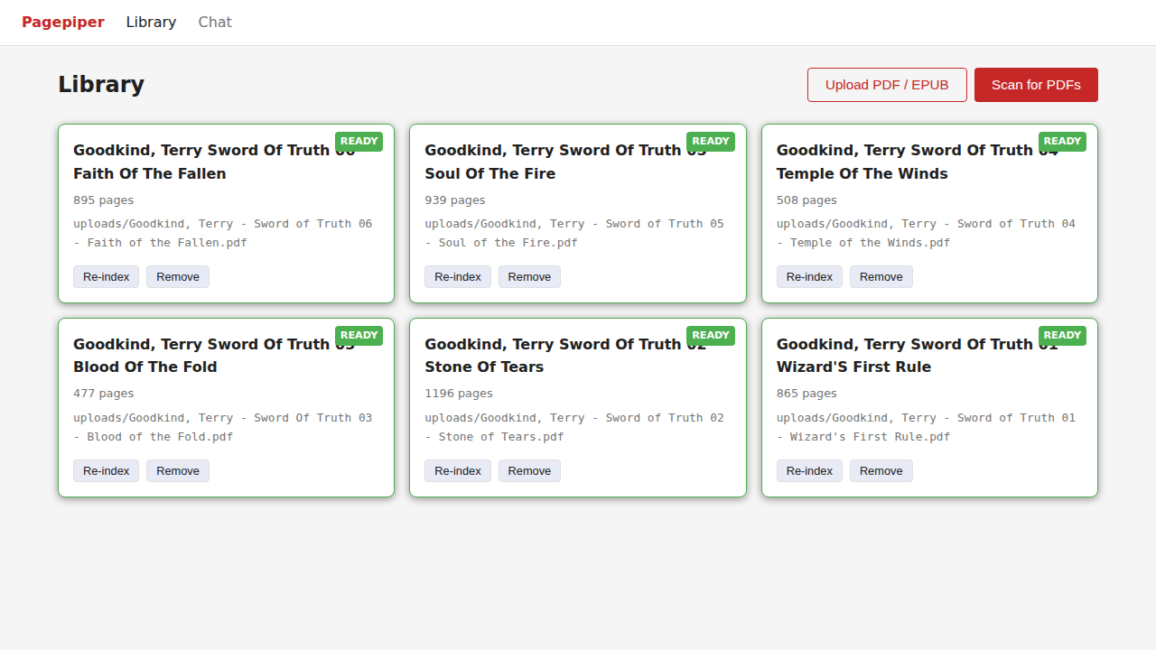 Library view — documents listed with ingest status and page counts