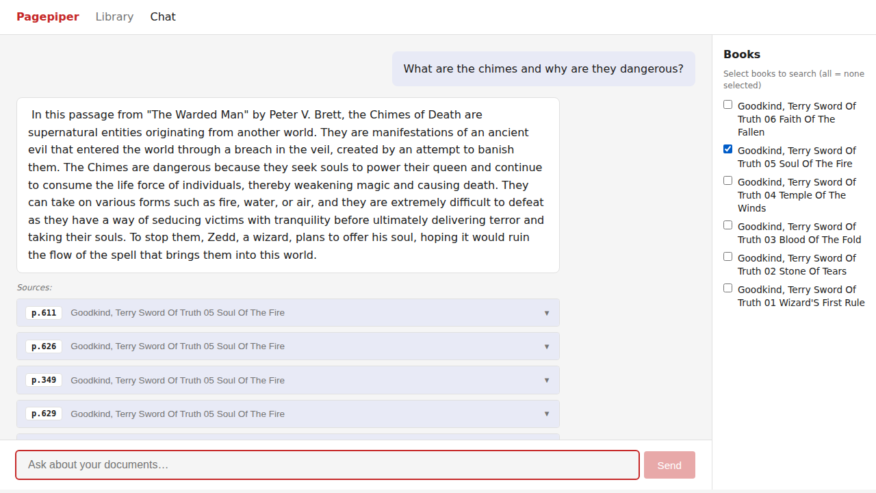 Chat view — answer with source document and page number for every claim