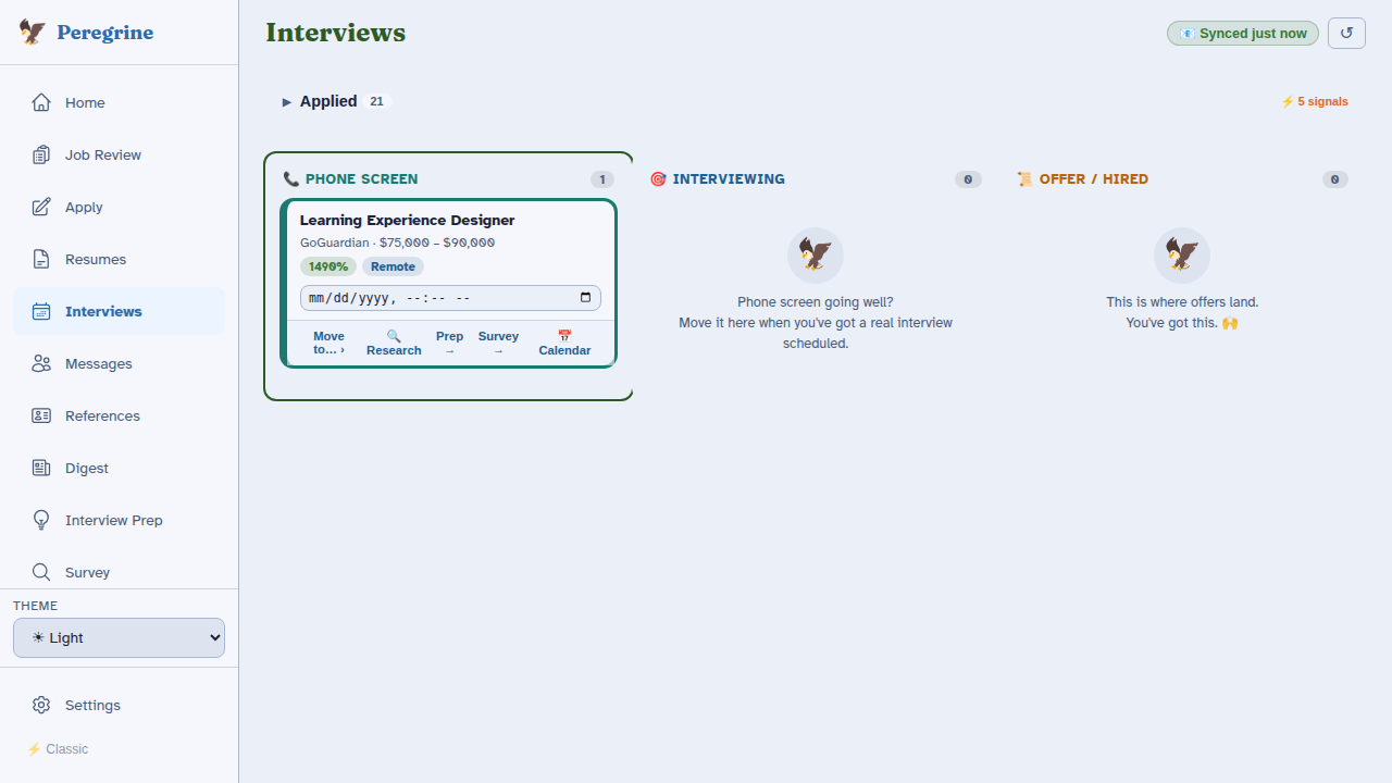 Interview kanban with company research and recruiter emails