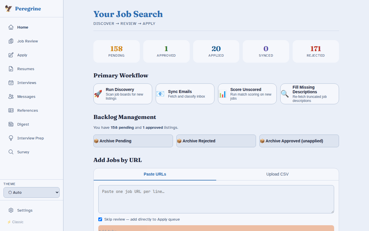 Dashboard with pipeline stats and discovery controls