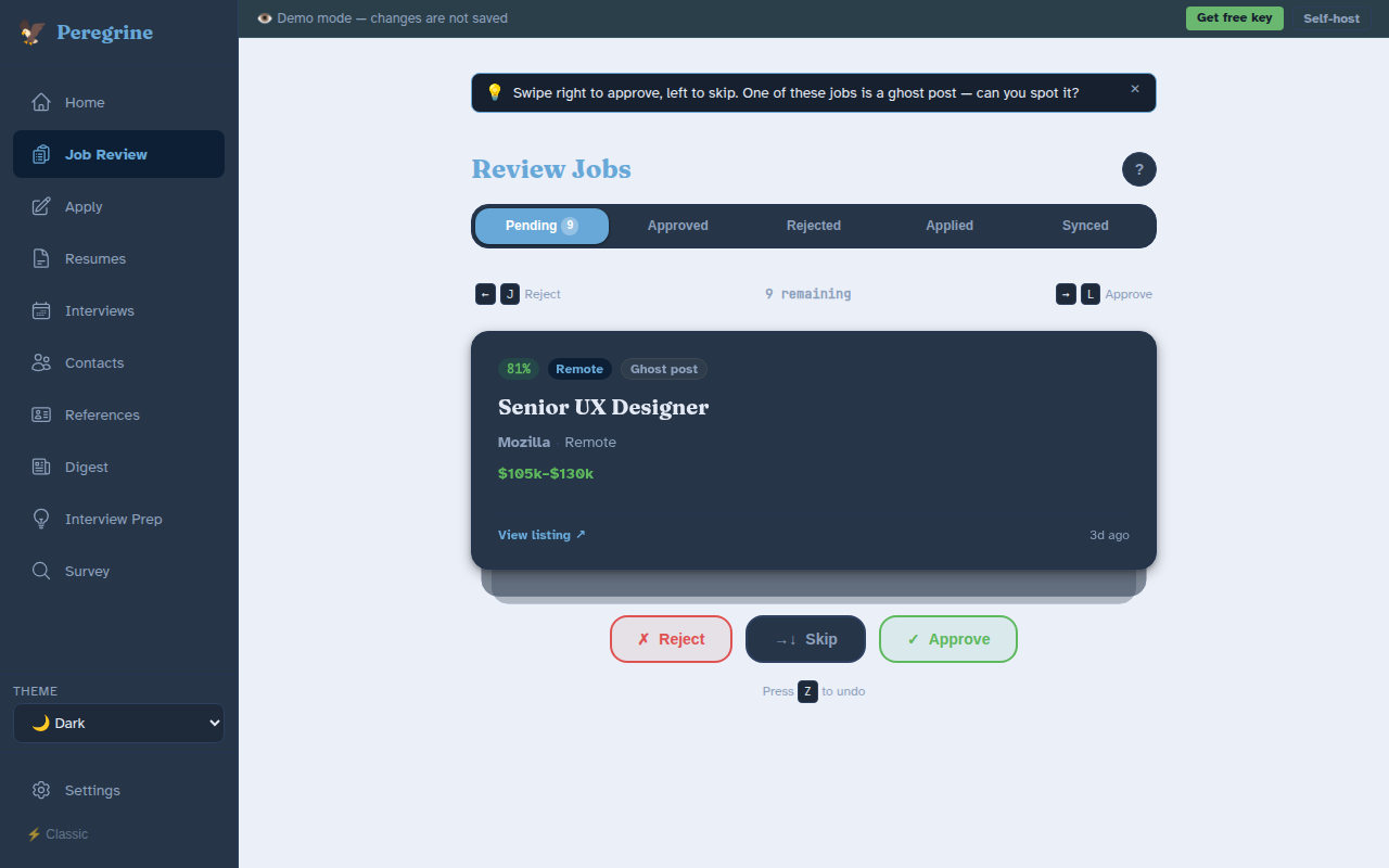 Job review card with match score and ghost-post detection