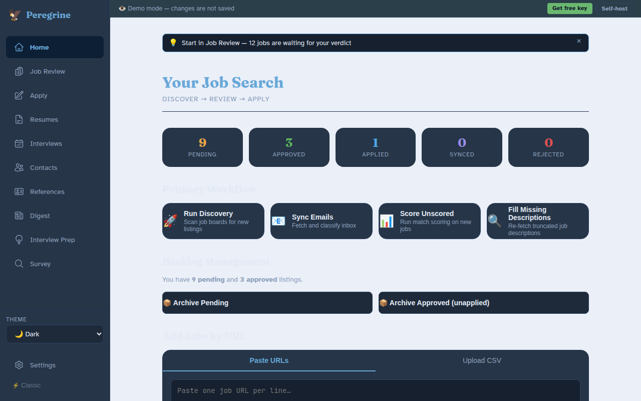 Dashboard with pipeline stats and discovery controls