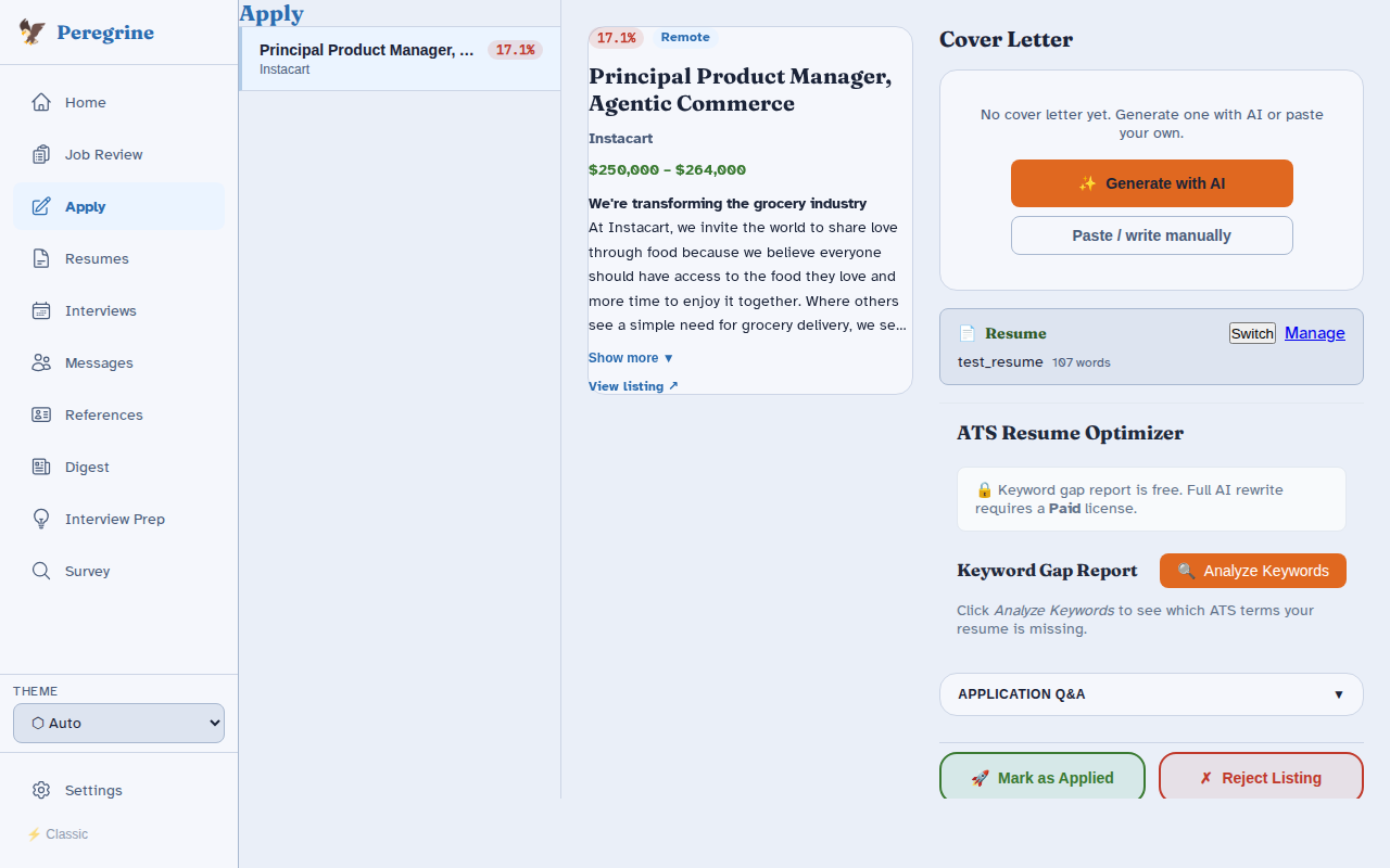 Apply workspace with LLM-drafted cover letter