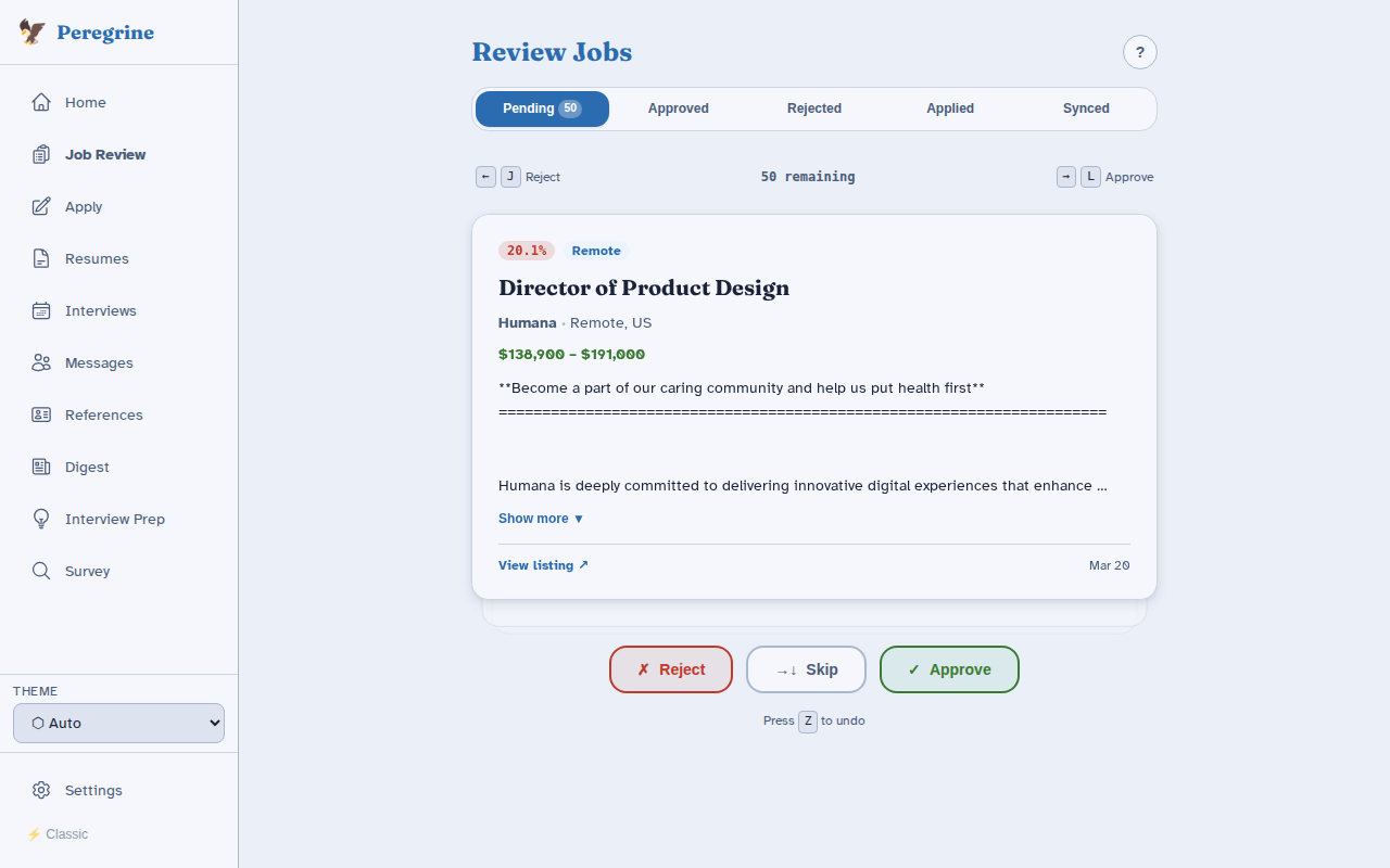 Job review — approve, skip, or reject with keyboard shortcuts