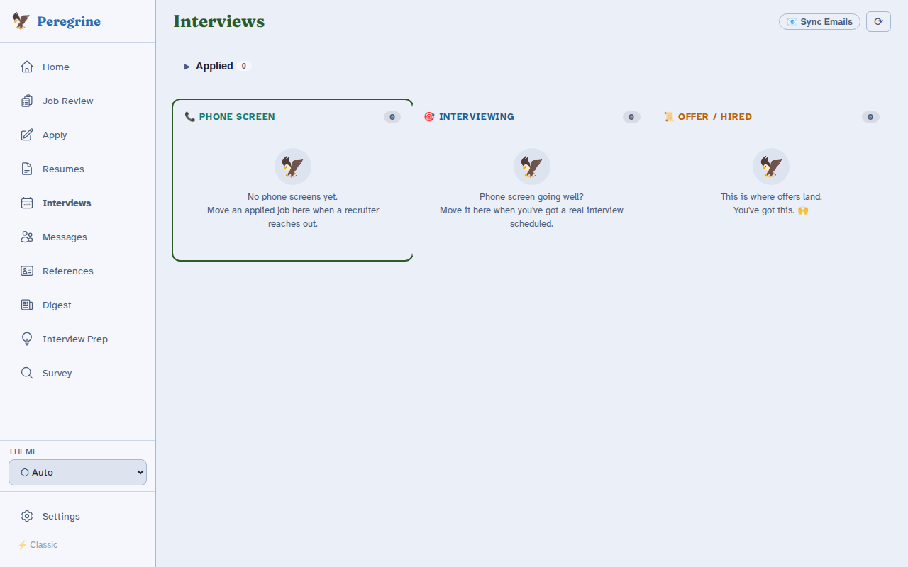Interview kanban with company research and recruiter emails