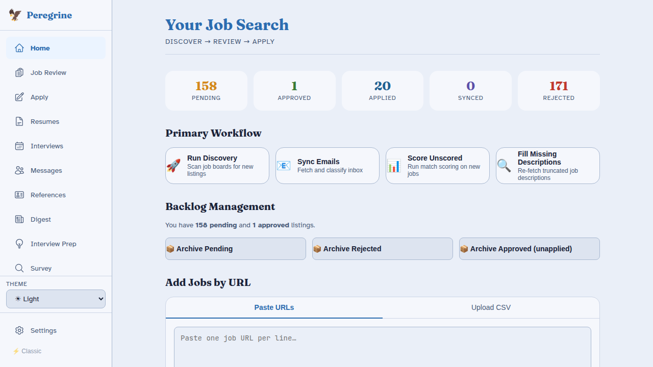 Dashboard with pipeline stats and discovery controls