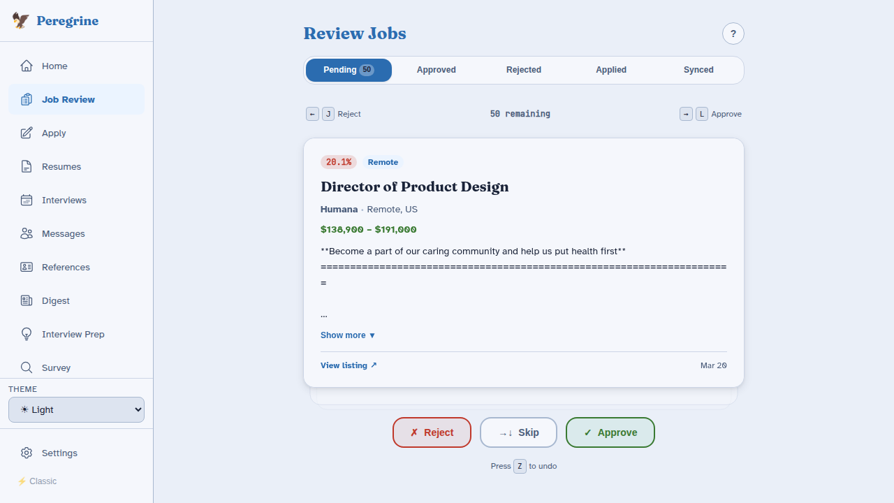 Job review — approve, skip, or reject with keyboard shortcuts