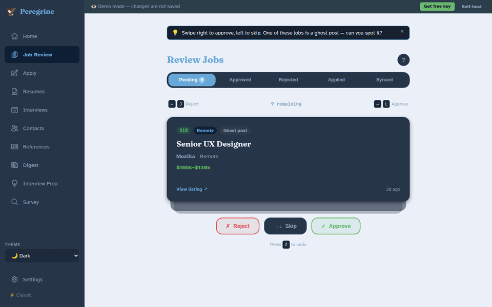 Job review — swipe right to approve, left to skip