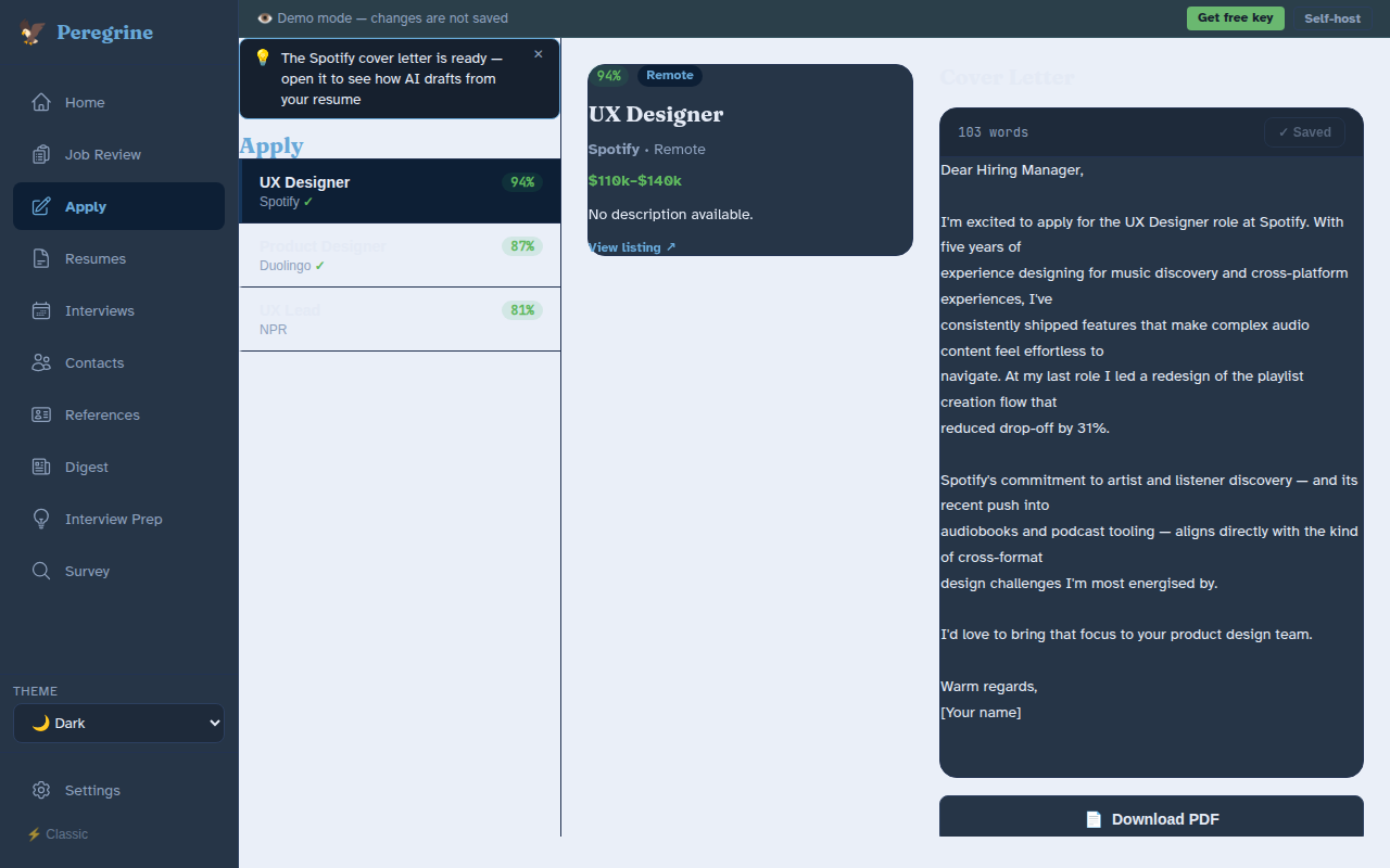 Apply workspace with AI cover letter draft