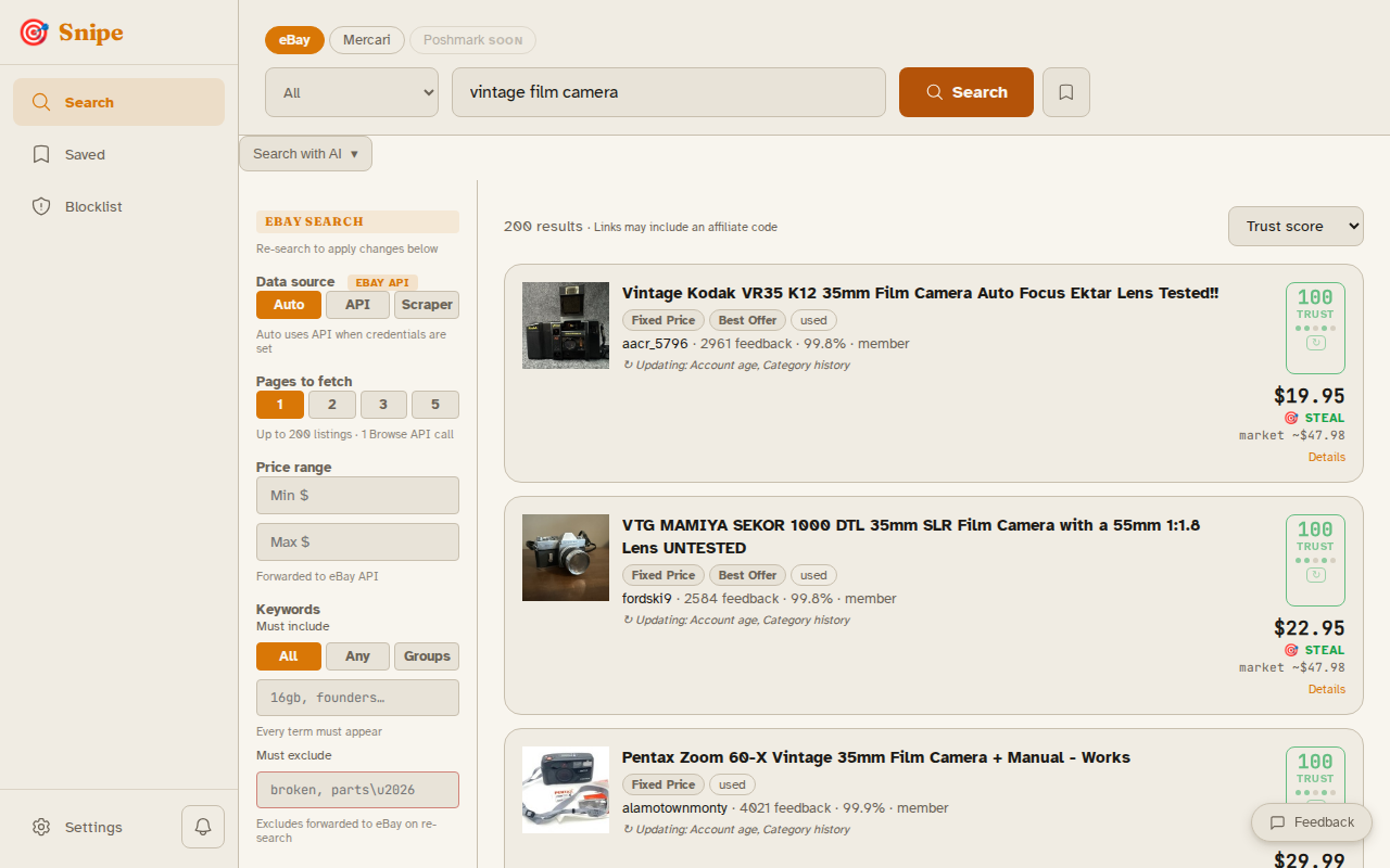 Search results — trust score badges, STEAL price flags, seller feedback, and market price comparison