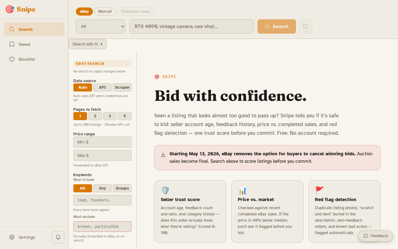 Snipe search page with filter panel and feature overview