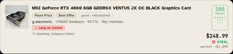 Listing cards with STEAL badge highlighting listings priced well below completed sales median