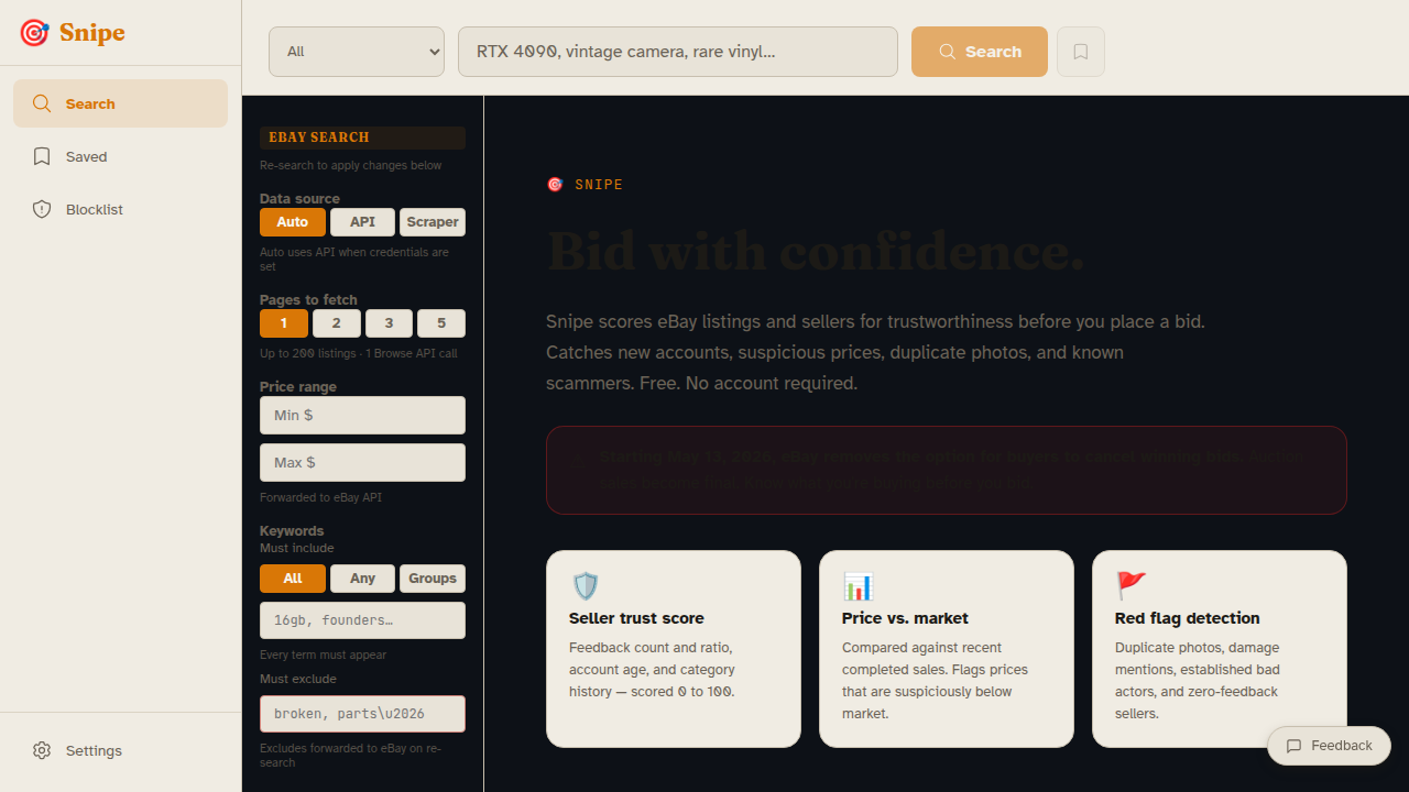 Snipe landing hero showing search bar and three feature tiles: Seller trust score, Price vs. market, Red flag detection