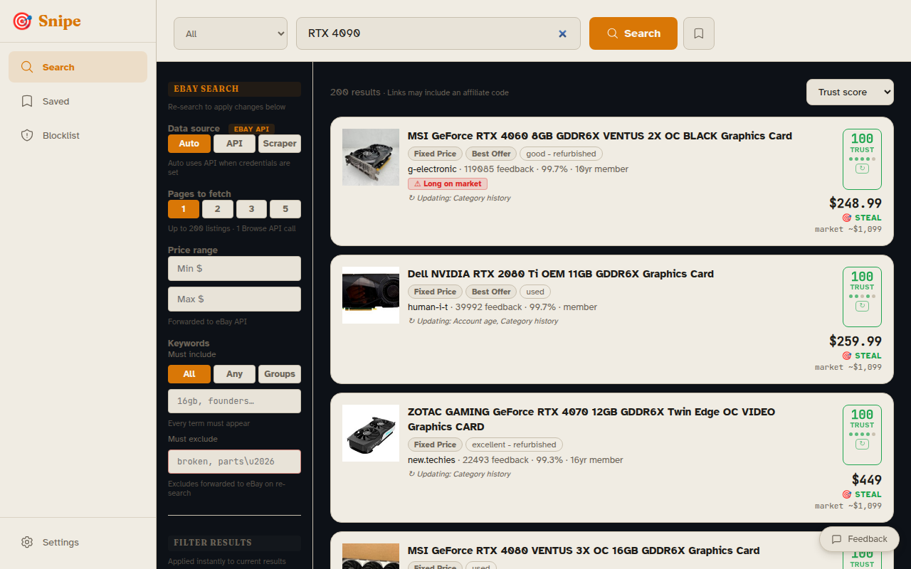 Search results for vintage film camera listings, each card showing a trust score badge, seller feedback, price, and market comparison